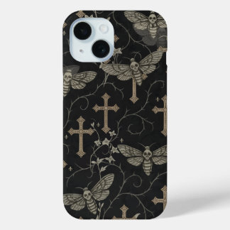Para iPhone 15 Funda de teléfono de damasco de polilla y cruz gót
