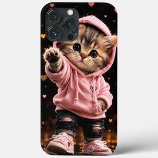 Para iPhone 13 Pro Max Funda de teléfono de gatito con sudadera rosa lind