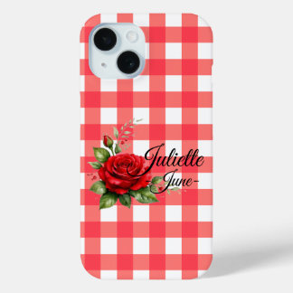Para iPhone 15 Funda de teléfono de gingham de rosa de junio pers