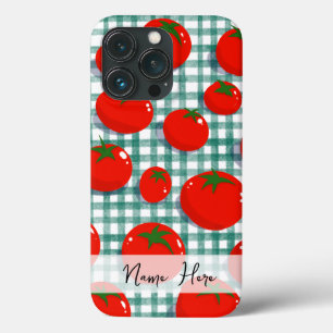 Para iPhone 13 Pro Funda de teléfono de gingham verde con tomate pers