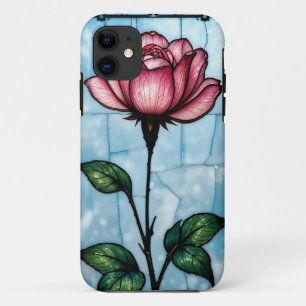 Para iPhone 11 Funda de teléfono de vidrio pintado con rosa rosa 
