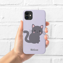 Para iPhone 11 Funda de teléfono morada gato gris Kawaii