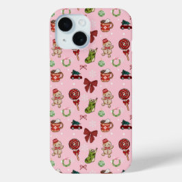 Para iPhone 15 Funda de teléfono navideña de pan de jengibre rosa