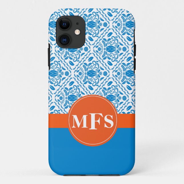 Case-Mate Para iPhone Funda del patrón de Damask azul/Naranja Iniciales  (Reverso)