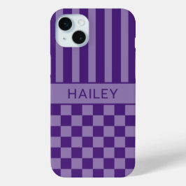 Para iPhone 15 Mini Funda Personalizada de Cuadrados y Rayas Moradas