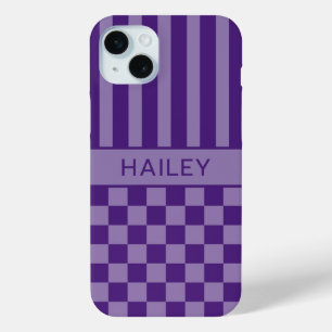 Para iPhone 15 Mini Funda Personalizada de Cuadrados y Rayas Moradas