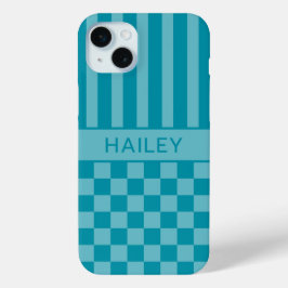 Para iPhone 15 Mini Funda personalizada de cuadros rayados en verde az