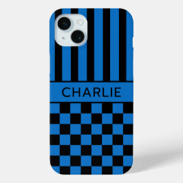 Para iPhone 15 Mini Funda Personalizada de Cuadros y Rayas Negras y Az