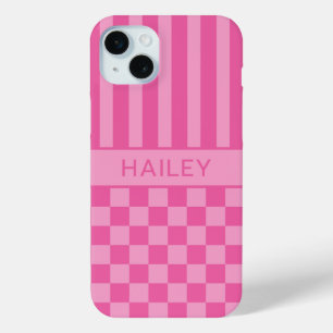 Para iPhone 15 Mini Funda Personalizada de Rayas y Cuadros Rosados