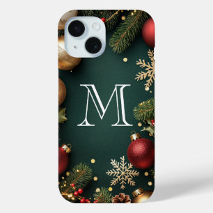 Para iPhone 15 Monograma de Navidad Azul Oscuro Elegante Funda Ca