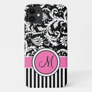 Para iPhone 11 Monograma rosa, negro, blanco rayado Funda de Dama