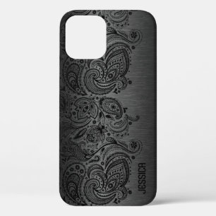 Para iPhone 12 Negro metálico con Funda de encaje paisleño negro-