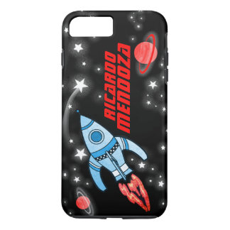 Nombre personalizado espacio de cohetes funda azul
