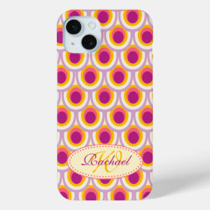 Para iPhone 15 Mini Patrón de pavo real funda de nombre rosa amarillo