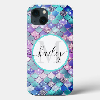 Para iPhone 13 piel de sirena azul verde con Funda purpurina-Mate