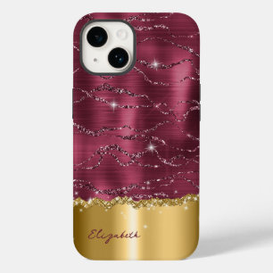 Funda Para iPhone 14 De Case-Mate Purpurina de Burgundy Gold Moderno Monograma Funda