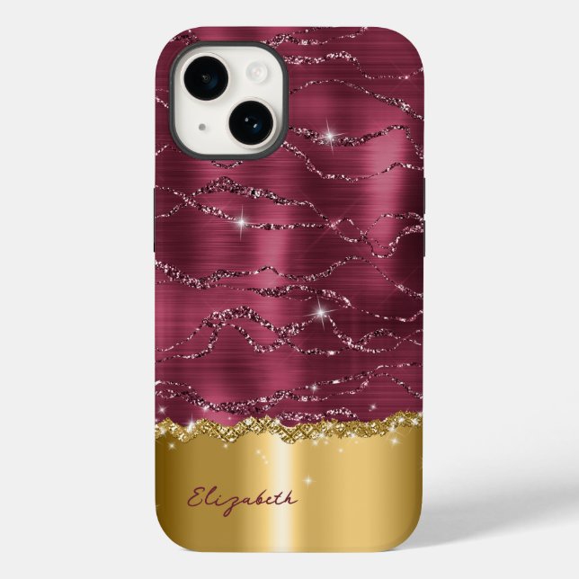 Case-Mate Para iPhone Purpurina de Burgundy Gold Moderno Monograma Funda (Reverso )