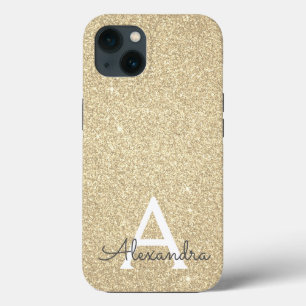 Para iPhone 13 Purpurina de oro de lujo y Funda de esparkle Monog
