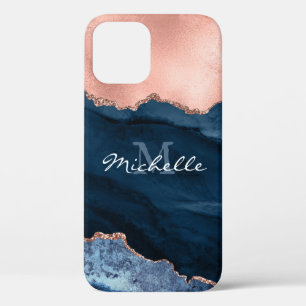 Para iPhone 12 Pro Rosa de oro y azul marino - Acuarela agata - Funda