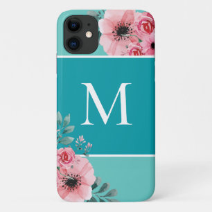 Para iPhone 11 Turquesa   Funda floral monograma de bloque de col