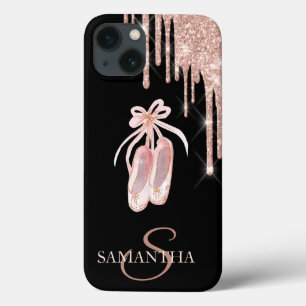 Para iPhone 13 Zapatos de ballet chic rosa oro brillo gotas funda