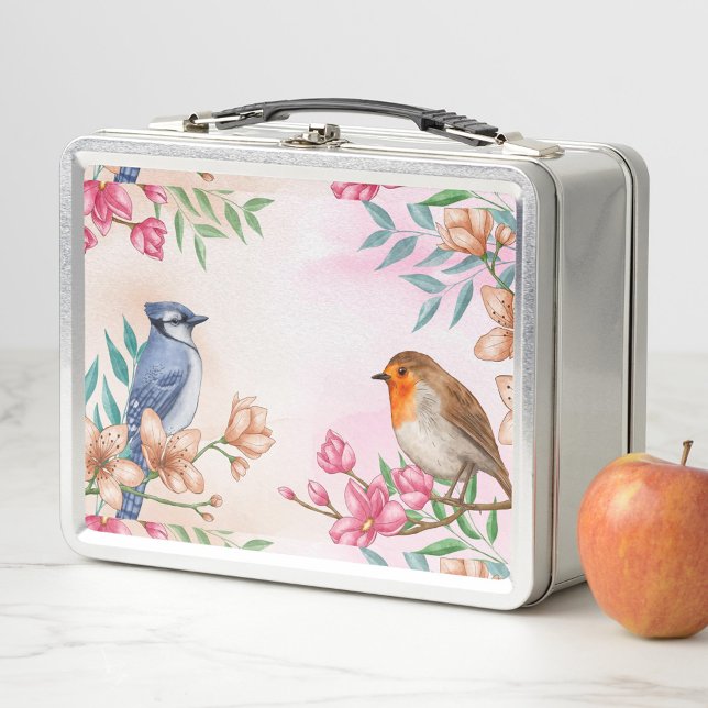 Casilla de almuerzo Metalizado Birds (A beautifully designed lunchbox with floral and bird illustrations, the birds sit on tree branches.)