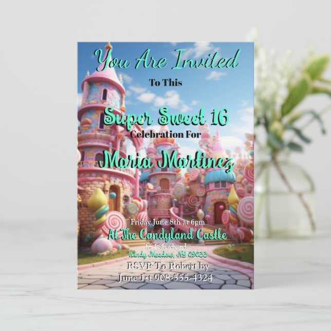 Castillo de Candyland Dulce 16 invitaciones (Anverso de pie)