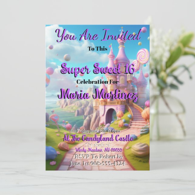 Castillo de Candyland Dulce 16 Invitaciones (Anverso de pie)