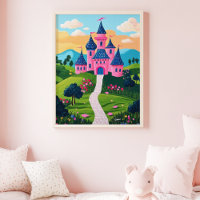 Castillo de Fantasía Rosa Atardecer Paisaje Arte d