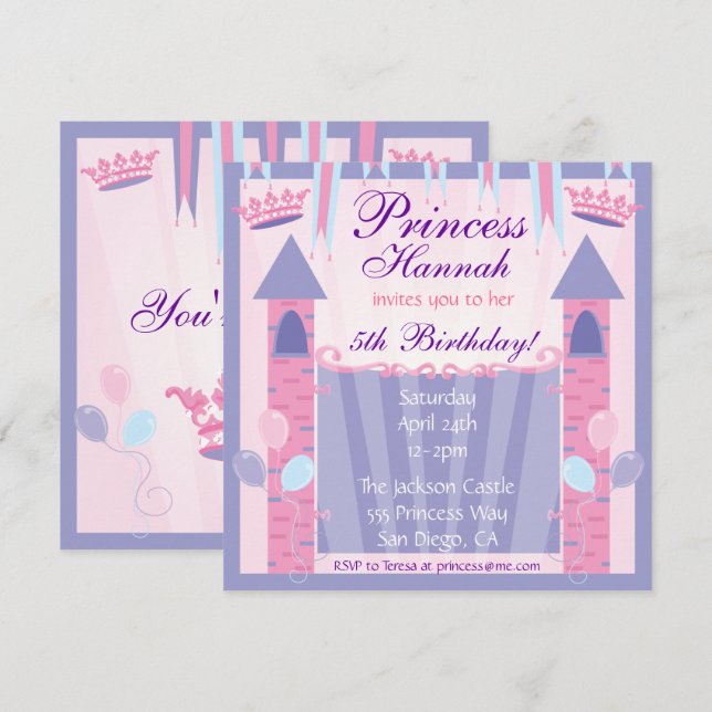 Castillo de invitación a fiesta de cumpleaños de l (Anverso / Reverso)