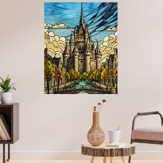 Castillo Medieval sobre Arte de Vidrio Emplomado d