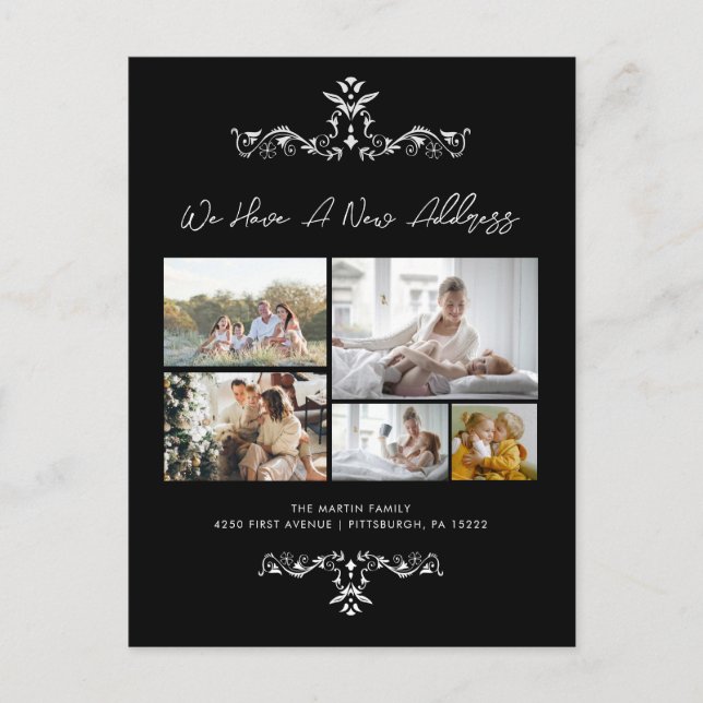 Casual Black 5 fotos Ornate Moving Invitación (Anverso)