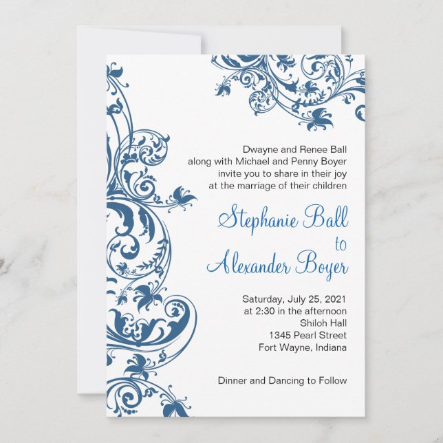 Casual Elegance Blue Swirl Wedding Invitación (Anverso)