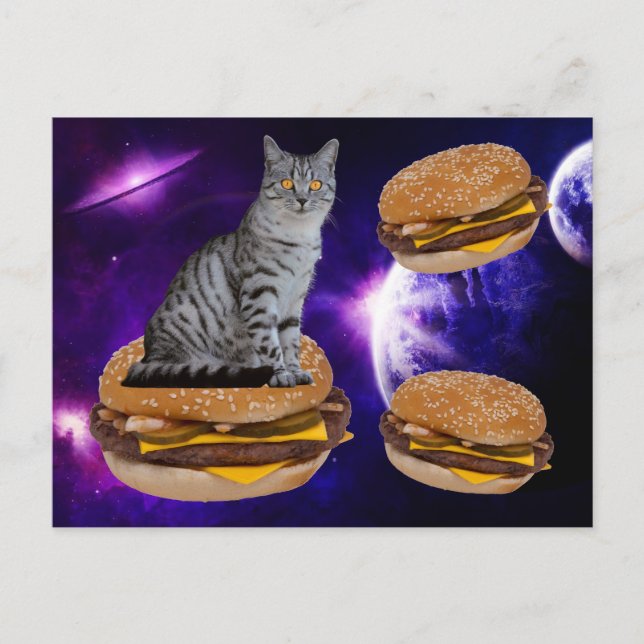 CAT EN EL ESPACIO CON POSTAL DE BURGUERAS DE QUESO (Anverso)