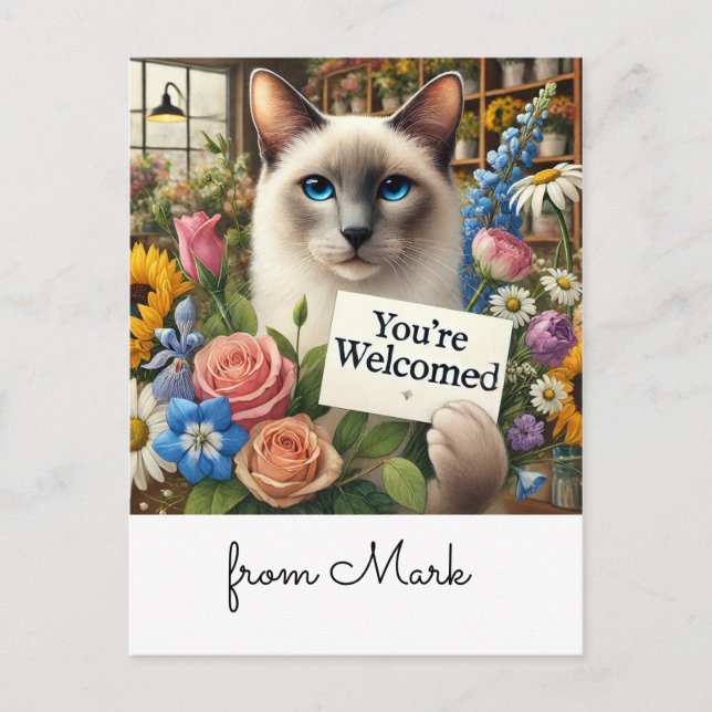Cat Florist con tarjeta Te dan la bienvenida con f (Anverso)