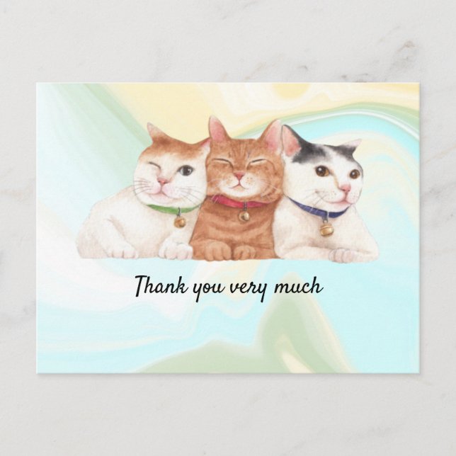 Cat Gracias tarjeta con tres gatos sonriendo (Anverso)