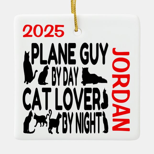 Cat Lover Plane Guy PERSONALIZADO Ornamento cerámi (Anverso)