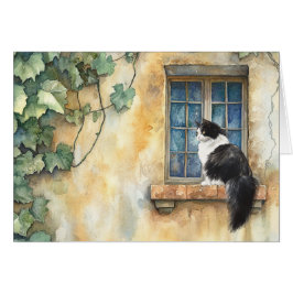 Cat on Windowsill - Tarjeta de arte de 5" x 7"