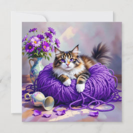 Cat with Purple Eyes in Purple Yarn and Flowers