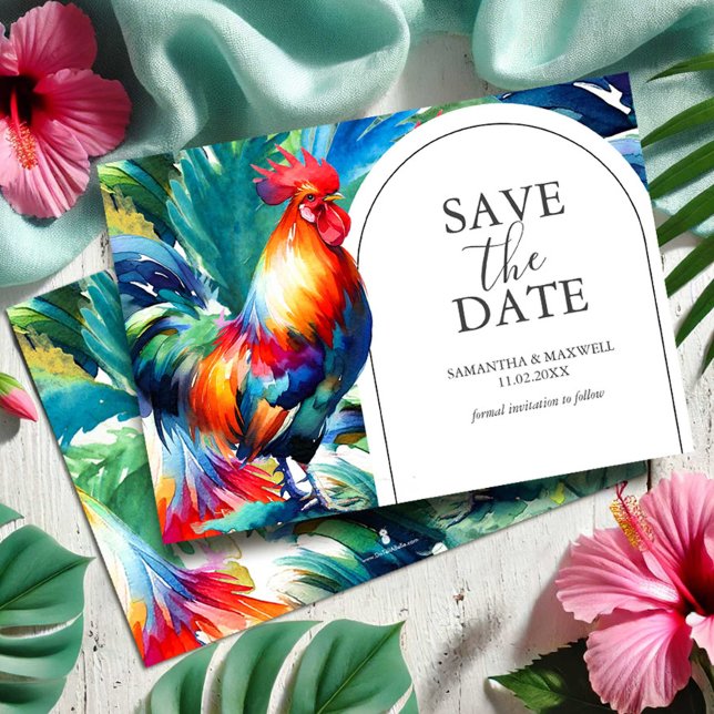 Catálogo de acuarelas Guardar La Invitación De Fec (Save the date invitations destination wedding tropical rooster art by Victoria Grigaliunas)