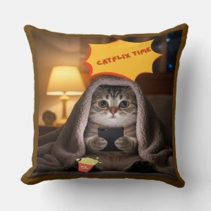 Catflix Time Cute Cat Cojín decorativo para niños 
