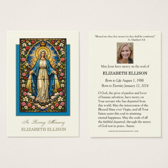 Catholic Blessed Mother Mary Funeral Prayer Card (Anverso y reverso)