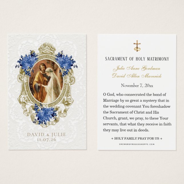 Catholic Blue Floral Gold Wedding Holy Card (Anverso y reverso)