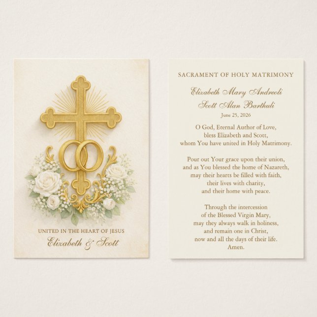 Catholic Wedding Prayer Card  Gold Cross (Anverso y reverso)