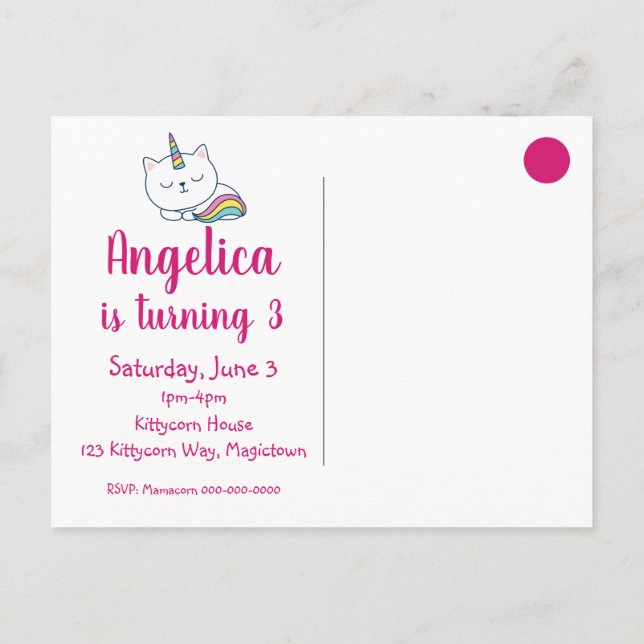 Caticorn | Invitación de Tarjeta Postal | Blanco (Reverso)