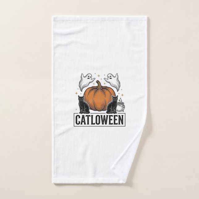 Catloween Gato Negro Fantasma Diseño Vectorial de  (Toalla de mano)