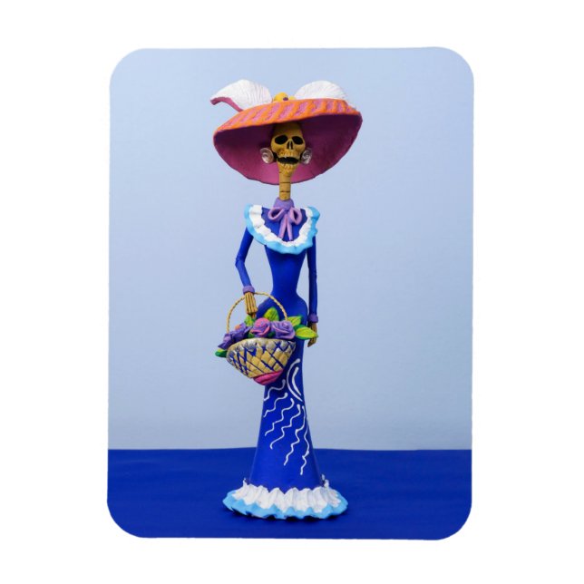 Catrina con un vestido azul y un imán Gorra rosado (Vertical)