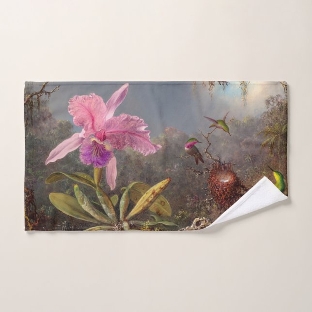 Cattleya Orchid y tres Hummingbirds por Heade (Toalla de mano)