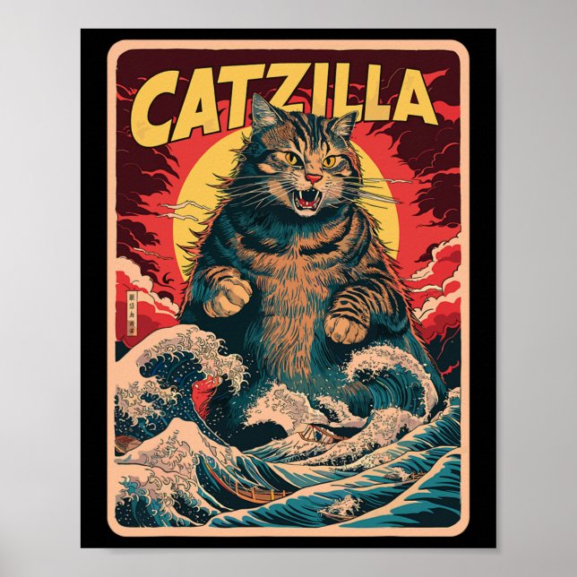 Catzilla Gráfica divertida de gatos de arte japoné (Frente)