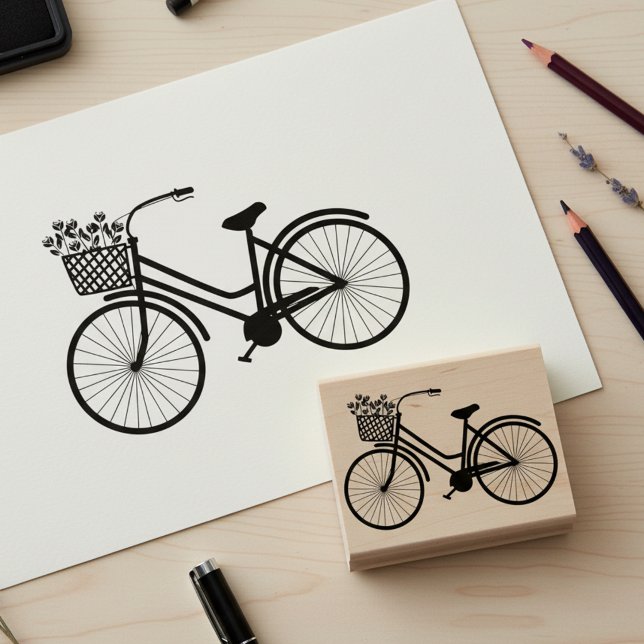 Caucho Bicicleta Bonita con Flores Sello de Arte de Mader (Cute bicycle with flowers wooden art stamp.)